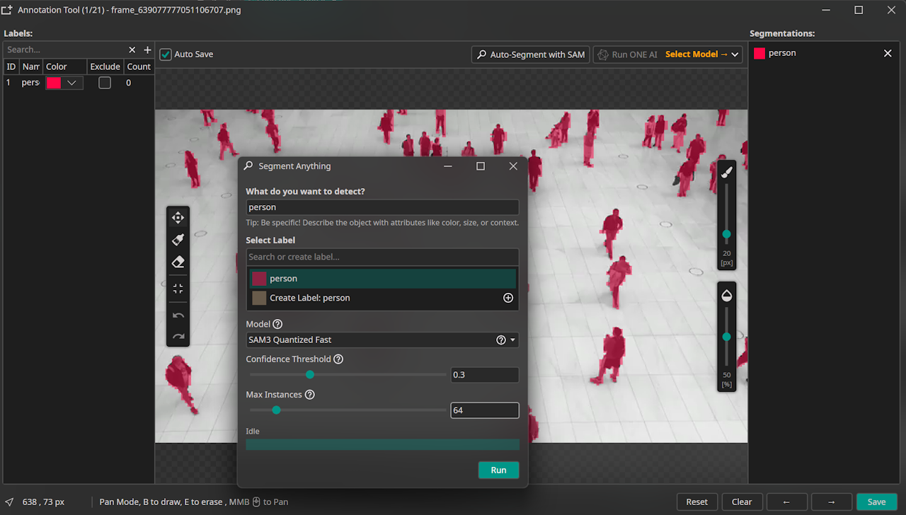 Segmentation label creation with SAM3 in ONE AI Extension