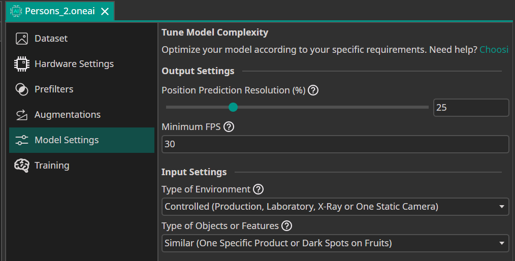 Model settings for controlled person segmentation environment