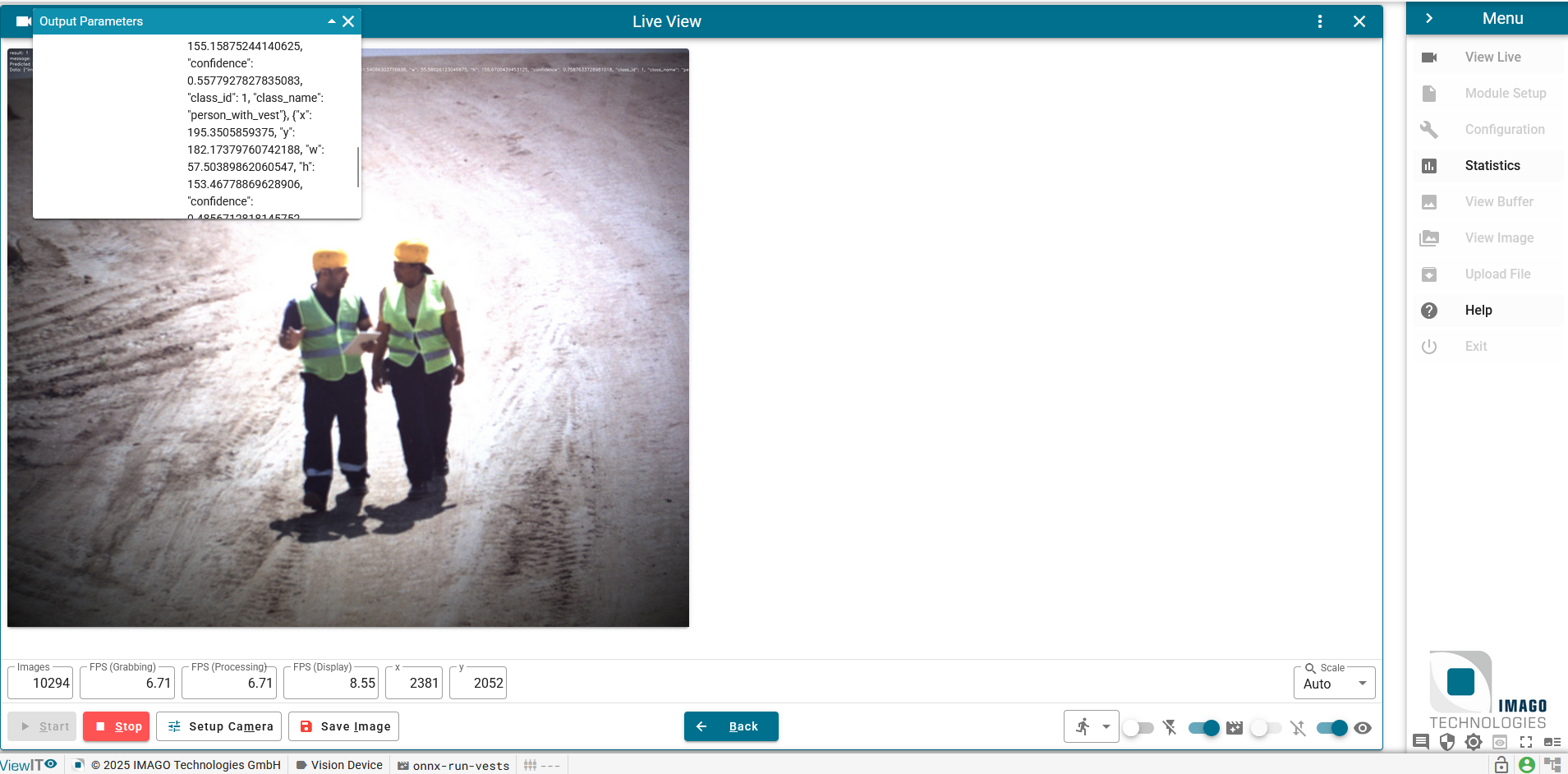 ViewIT Live View — two workers with safety vests detected on the camera