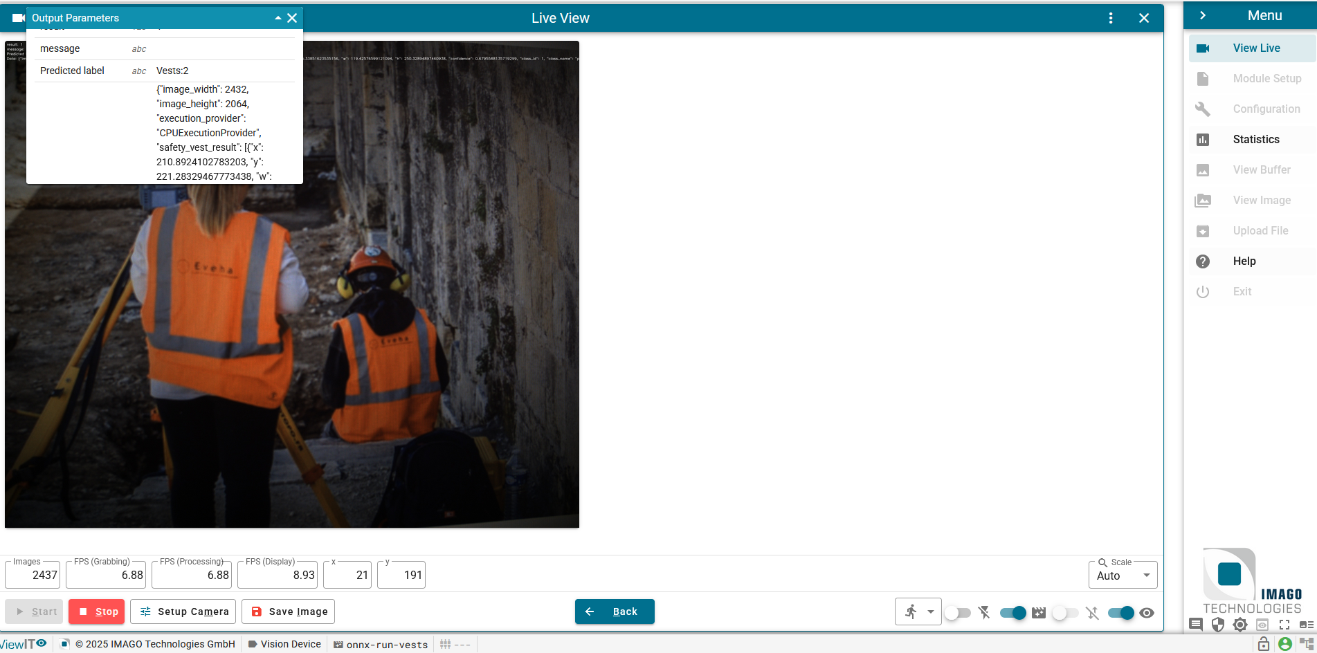 ViewIT Live View — safety vest detection running live on the Vision Cam XM2