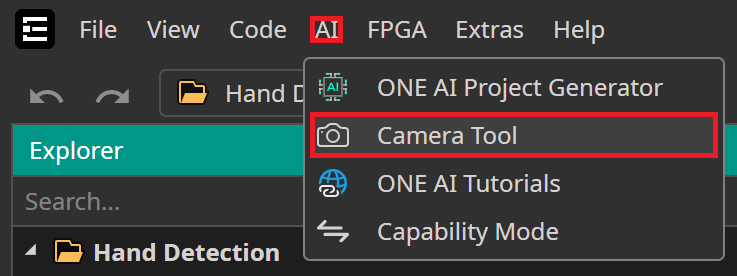 Opening Camera Tool from the AI menu in ONE WARE Studio