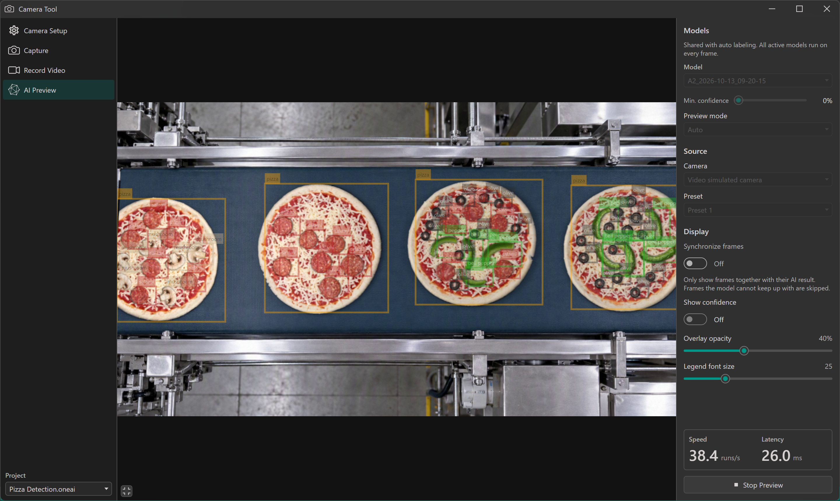 Live pizza detection preview in the Camera Tool