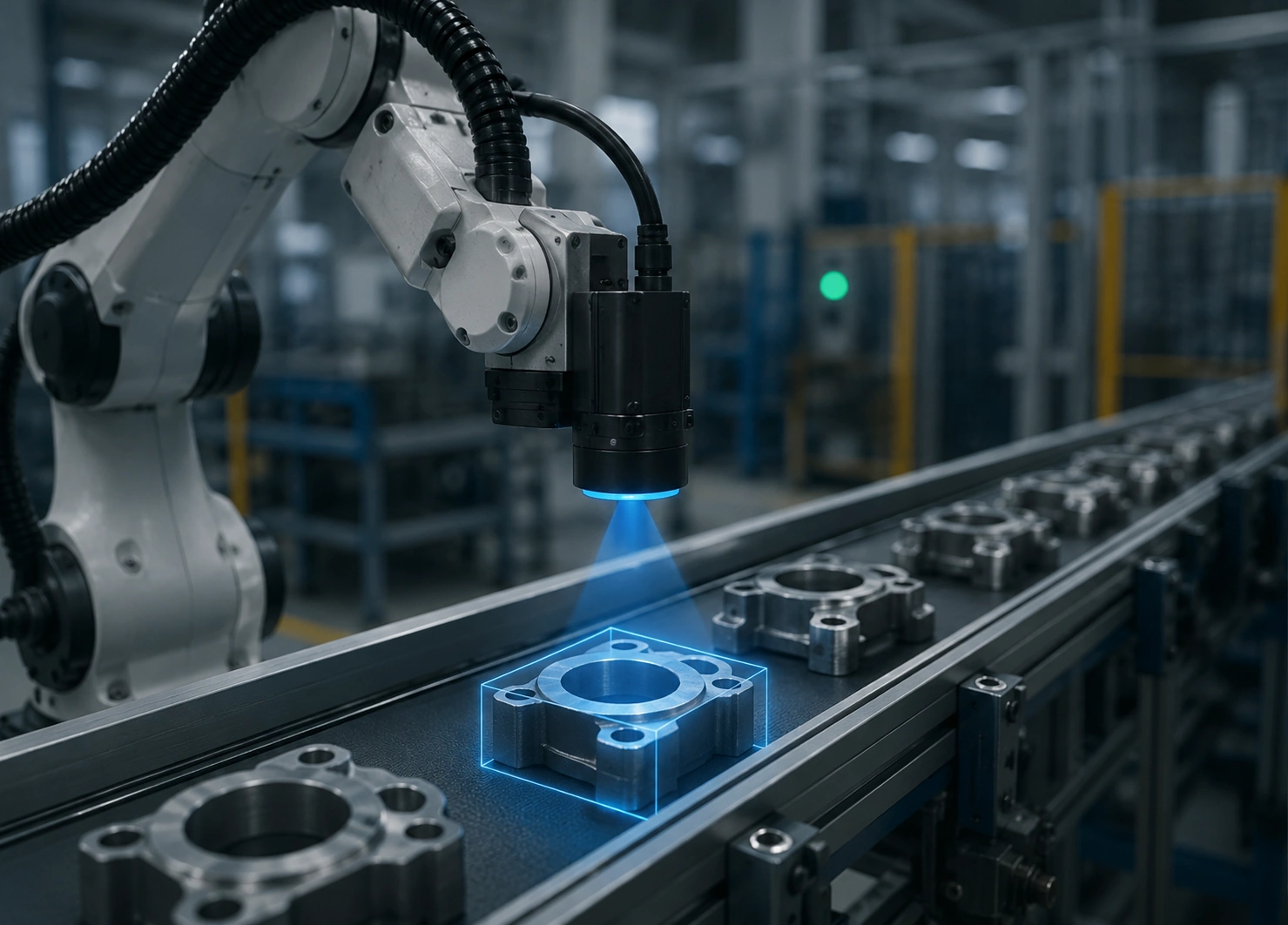 Industrial robot arm handling a workpiece